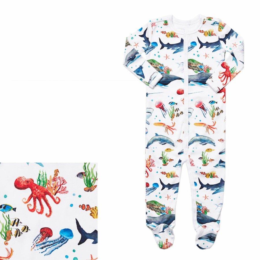 Clothing & Accessories HART + LAND | Baby/Toddler Organic Pima Cotton Footed Bodysuit Pj - Under The Sea