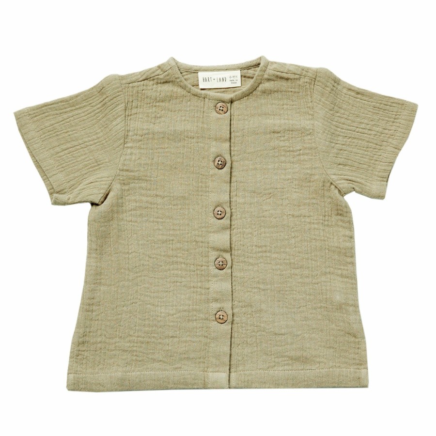 Clothing & Accessories HART + LAND Tops | Baby/Toddler/Big Kid Organic Solid Muslin Short Sleeve Button Up Top